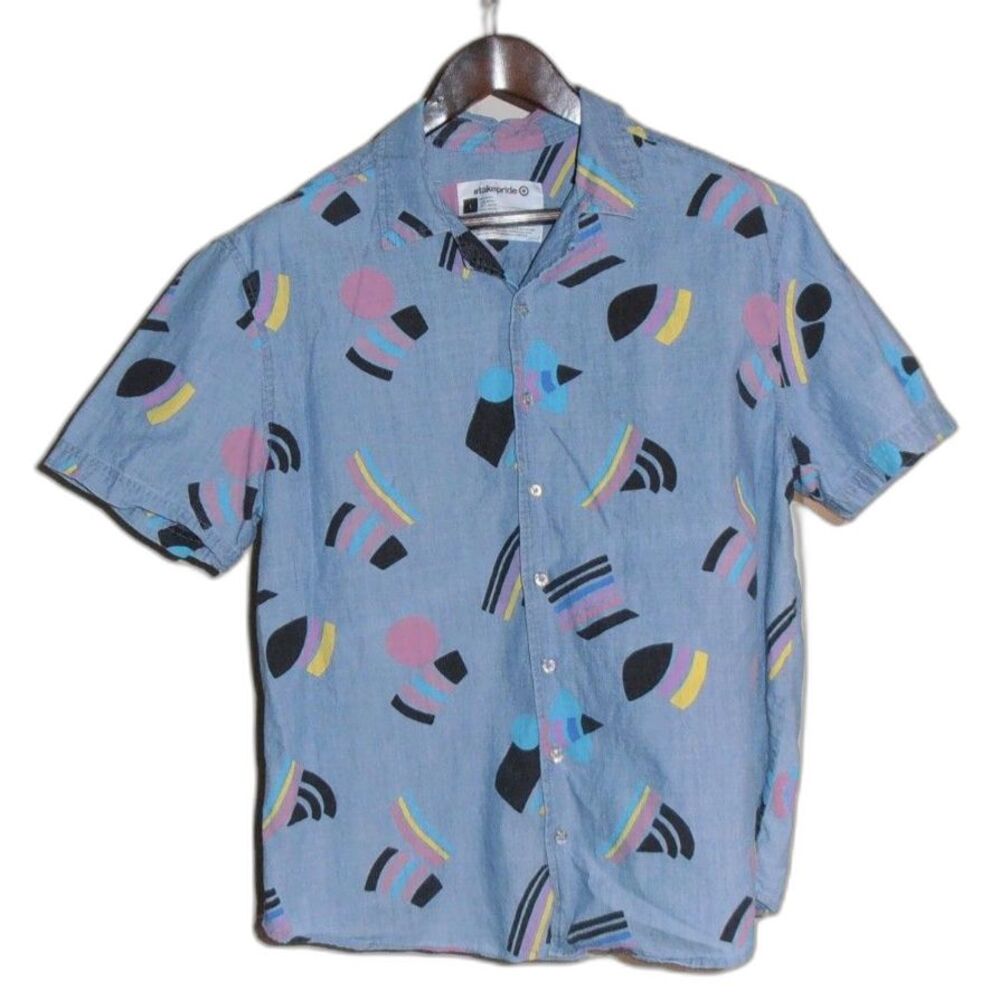 🟢 Target #TakePride Unisex Button-Up Shirt Sz L Retro Geometric Print